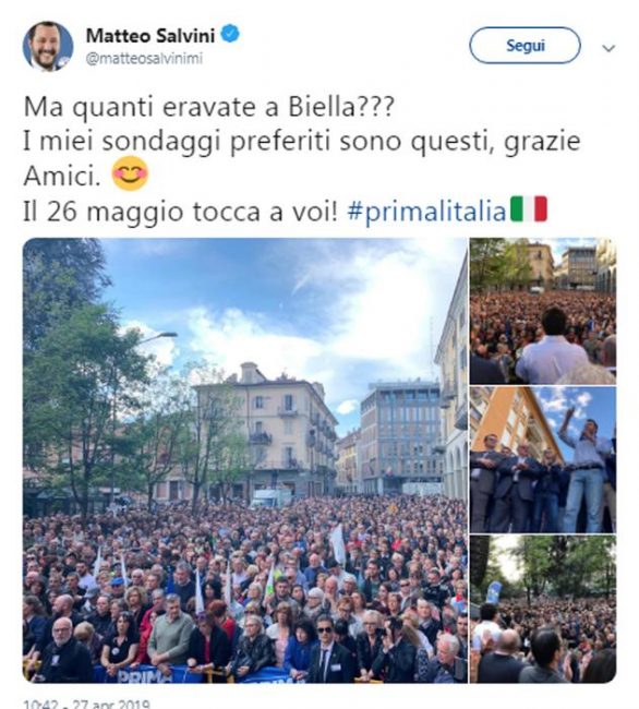 Salvini sul suo profilo Twitter dopo il comizio a Biella
