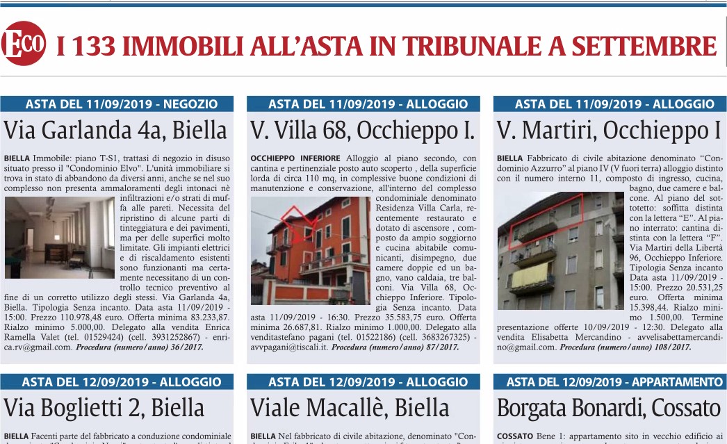 Speciale Case all’Asta di settembre su Eco di Biella. Tanti alloggi a prezzi scontati in tutta la provincia