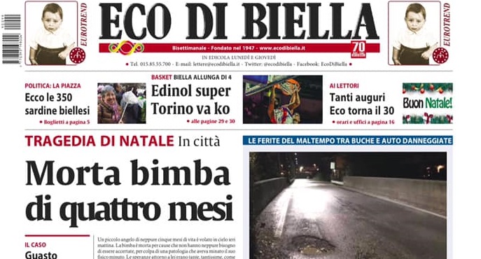 Bimba muore a quattro mesi, tragedia di Natale a Biella