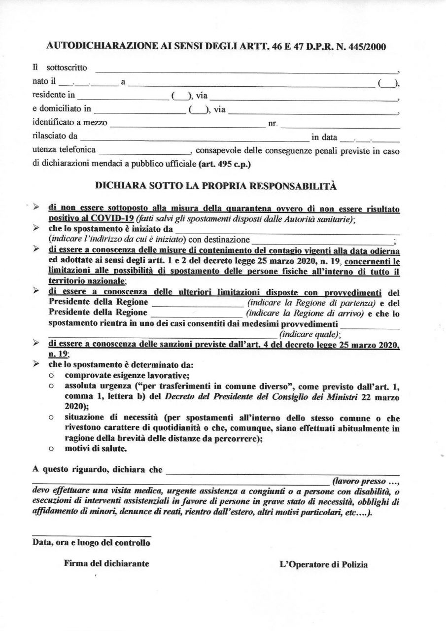 Autocertificazione: potete scaricarla e stamparla qui