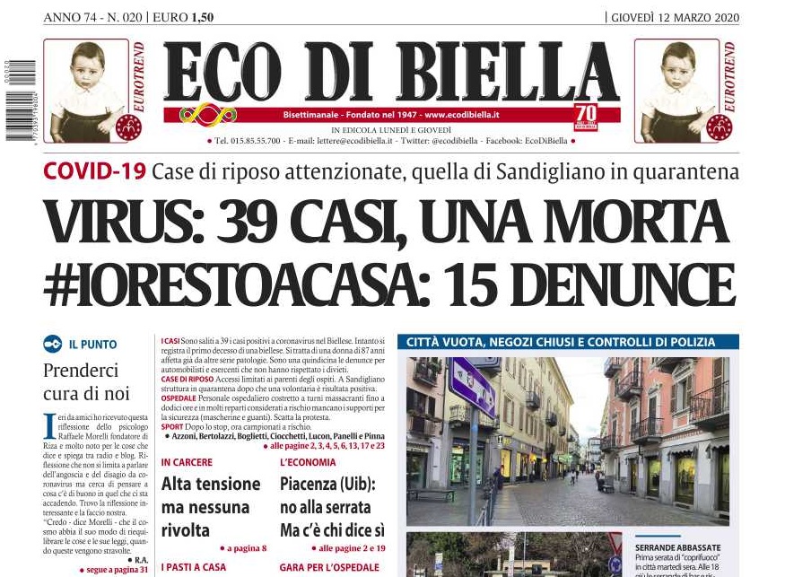 LE EDICOLE SONO APERTE- Oggi su Eco di Biella le ultime notizie sull’impatto Coronavirus nel Biellese