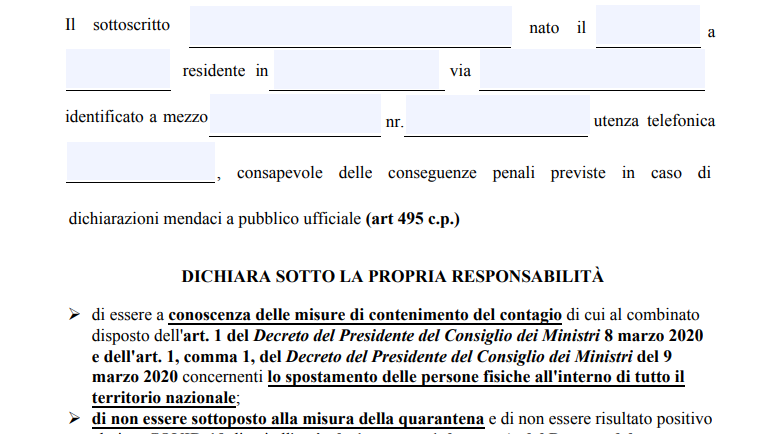 Autocertificazione obbligatoria, scarica e stampa