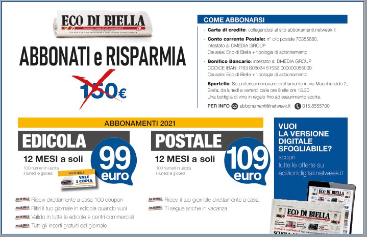 Una copia di Eco di Biella a 99 cent: nuova campagna abbonamenti