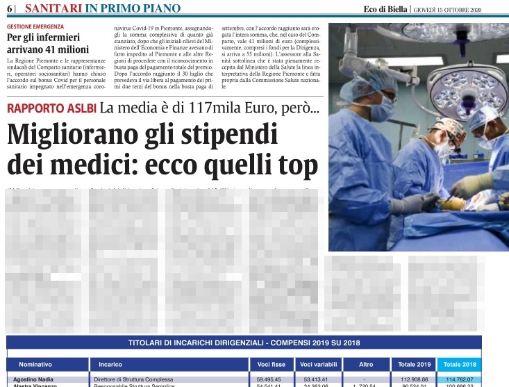 Gli stipendi dei cento medici dirigenti dell’Azienda sanitaria di Biella