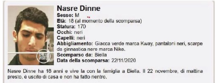Il 18enne biellese scomparso su “Chi l’ha visto?”