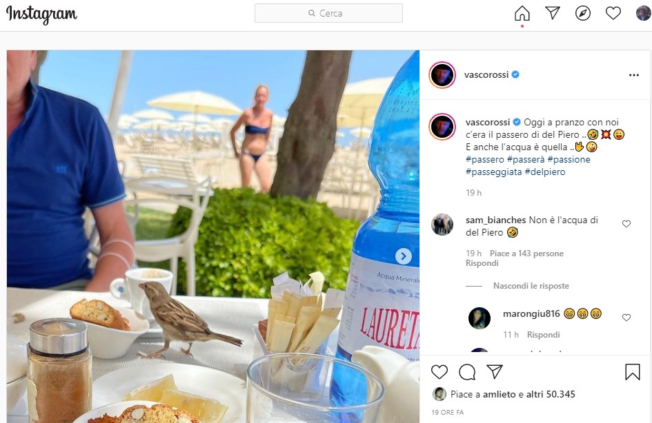 Vasco Rossi, l’uccellino di Del Piero e l’Acqua… sbagliata
