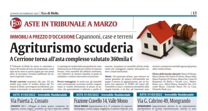 Le Aste di Biella con decine di case, immobili e terreni. C’è anche un agriturismo con scuderia