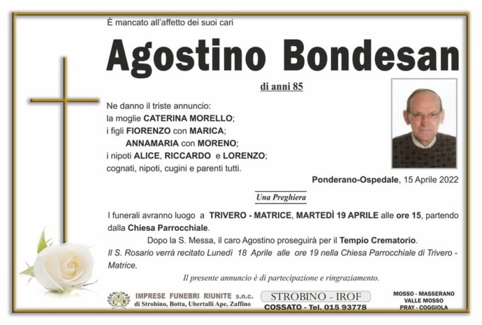 Trivero in lutto: addio ad Agostino Bondesan