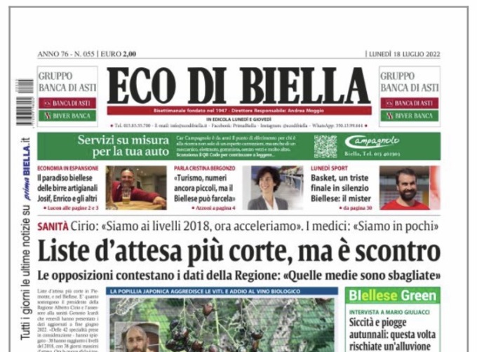 Eco di Biella in edicola oggi con tante notizie e approfondimenti esclusivi