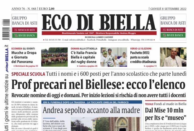 Ecco tutte le notizie esclusive in edicola oggi su Eco di Biella