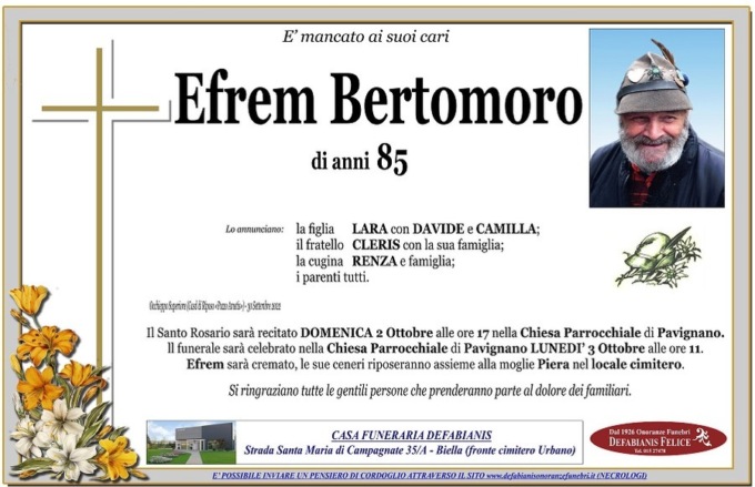 Addio all’alpino Efrem Bertomoro: morto all’età di 85 anni