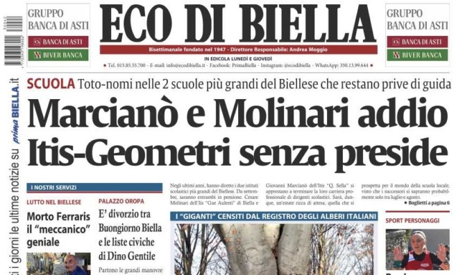 OGGI c’è l’ECO in edicola – Le scuole senza preside, i 146 alberi giganti del Biellese e decine di notizie esclusive