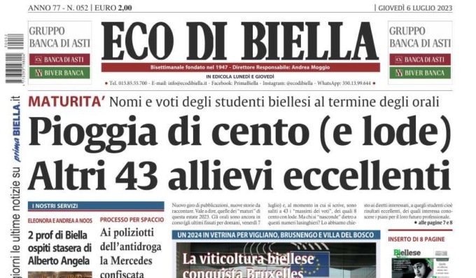 Eco di Biella in edicola – Tutti i voti della maturità. Altri 43 “100”. Le notizie di questo numero