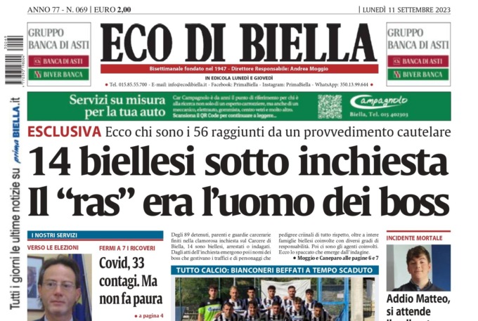 “Carcere, 14 biellesi sotto inchiesta”: la prima pagina di Eco di Biella oggi in edicola