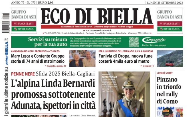 “Adunata Alpini 2025, sfida Biella-Cagliari e la storia di Linda Bernardi”: la prima pagina di Eco di Biella oggi in edicola