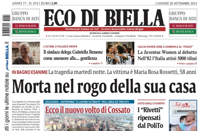 “Muore nel rogo della sua casa”: la prima pagina di Eco di Biella oggi in edicola