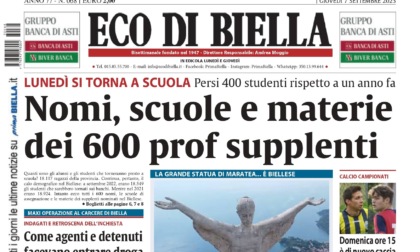 "Scuola, chi sono i 600 prof supplenti": la prima pagina di Eco di Biella oggi in edicola