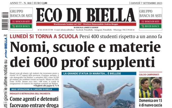“Scuola, chi sono i 600 prof supplenti”: la prima pagina di Eco di Biella oggi in edicola