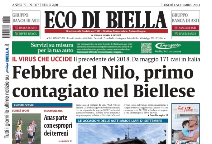 “Febbre del Nilo, primo contagiato nel Biellese”: la prima pagina di Eco di Biella oggi in edicola