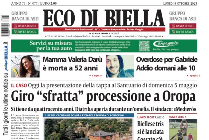 “Giro d’Italia ‘sfratta’ processione a Oropa”: la prima pagina di Eco di Biella oggi in edicola