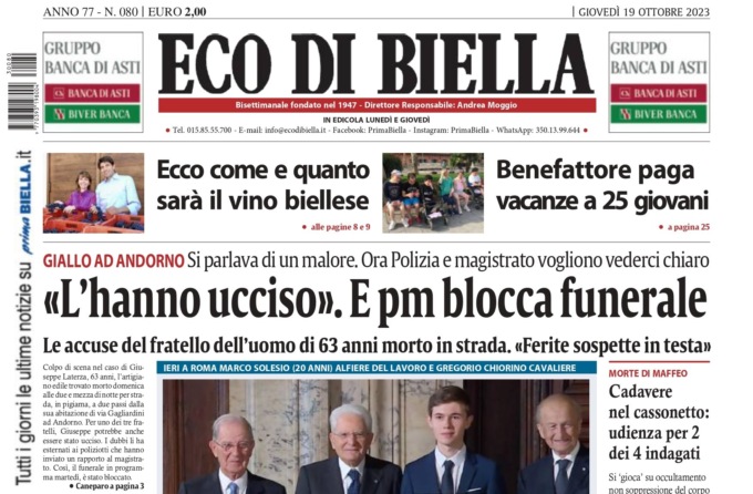 “‘L’hanno ucciso’. E il pm blocca il funerale”: la prima pagina di Eco di Biella oggi in edicola