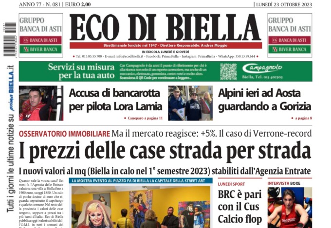 “Osservatorio immobiliare, i prezzi delle case strada per strada”: la prima pagina di Eco di Biella in edicola oggi