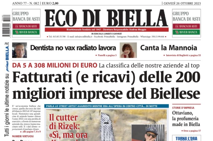“Le 200 migliori imprese del Biellese”: la prima pagina di Eco di Biella in edicola oggi