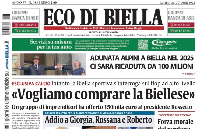 “Vogliamo comprare la Biellese”: la prima pagina di Eco di Biella in edicola oggi