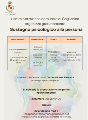 A Gaglianico parte il Progetto “Sostegno Psicologico alla Persona”