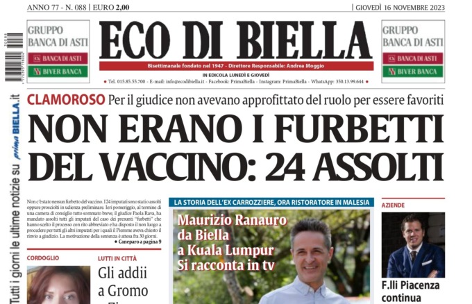 “Non c’è stato nessun furbetto del vaccino: 24 assolti”: la prima pagina di Eco di Biella oggi in edicola