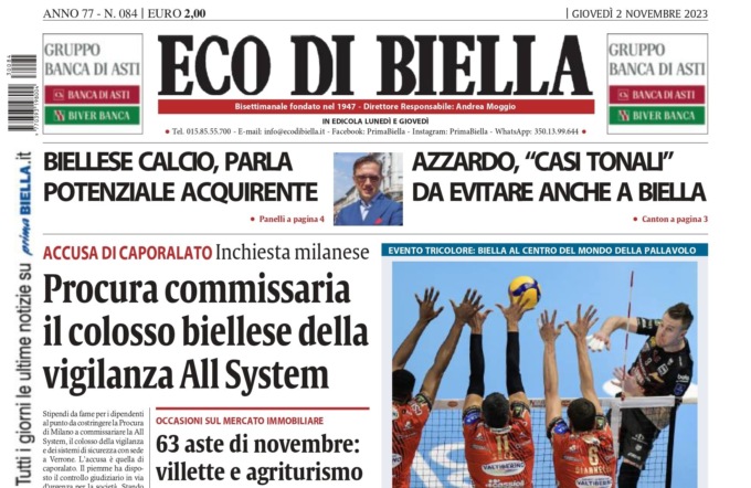 “Procura commissaria il colosso biellese della vigilanza All System”: la prima pagina di Eco di Biella in edicola oggi