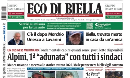 "Alpini, prima 'adunata' con tutti i sindaci": la prima pagina di Eco di Biella in edicola oggi