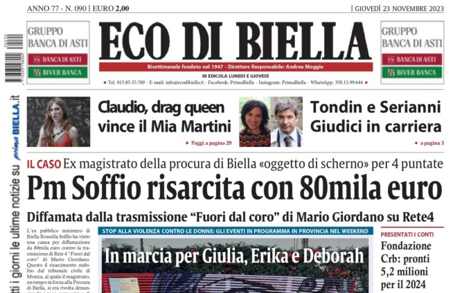 “Pm Soffio risarcita con 80mila euro”: la prima pagina di Eco di Biella in edicola oggi