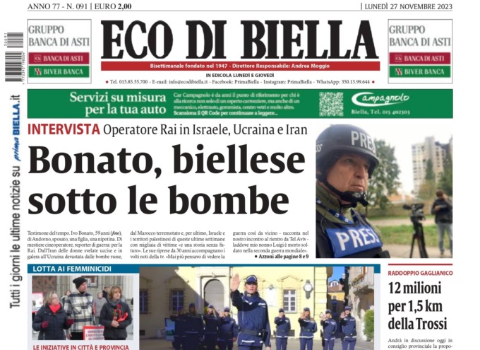 “Bonato, biellese sotto le bombe”: la prima pagina di Eco di Biella in edicola oggi