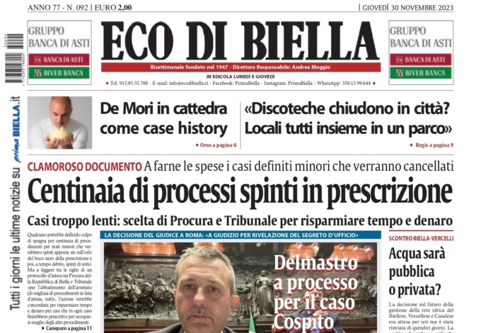 “Centinaia di processi spinti in prescrizione”: la prima pagina di Eco di Biella in edicola oggi