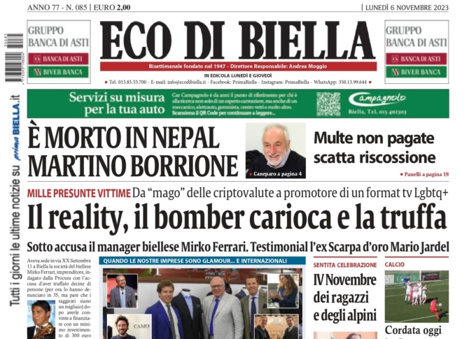 “Il reality, il bomber carioca e la truffa”: la prima pagina di Eco di Biella oggi in edicola