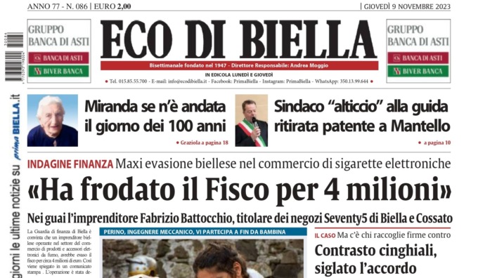 “Ha frodato il Fisco per 4 milioni”: la prima pagina di Eco di Biella oggi in edicola