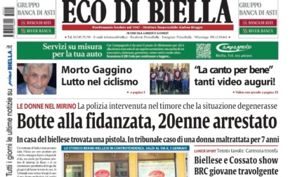 "Botte alla fidanzata, 20enne arrestato": la prima pagina di Eco di Biella in edicola oggi