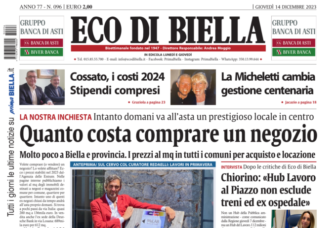 “Quanto costa comprare un negozio”: la prima pagina di Eco di Biella in edicola oggi
