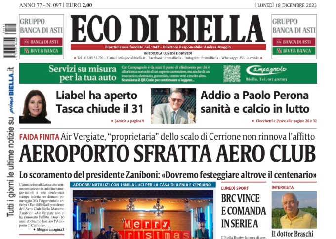 “Aeroporto sfratta Aero Club”: la prima pagina di Eco di Biella in edicola oggi