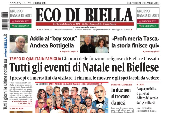 “Tutti gli eventi di Natale nel Biellese”: la prima pagina di Eco di Biella in edicola oggi