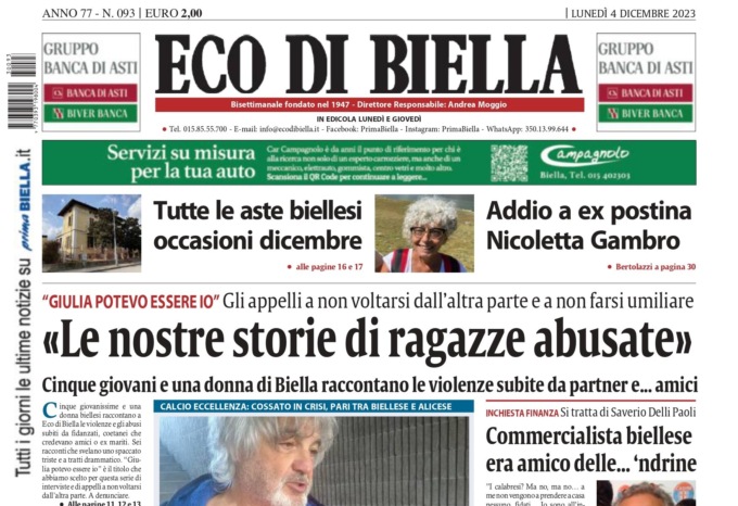 “Le nostre storie di ragazze abusate”: la prima pagina di Eco di Biella in edicola oggi