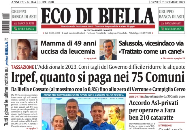 “Irpef, quanto si paga nei 75 Comuni del Biellese”: la prima pagina di Eco di Biella in edicola oggi