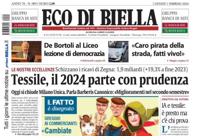“Tessile, il 2024 parte con prudenza”: la prima pagina di Eco di Biella in edicola oggi