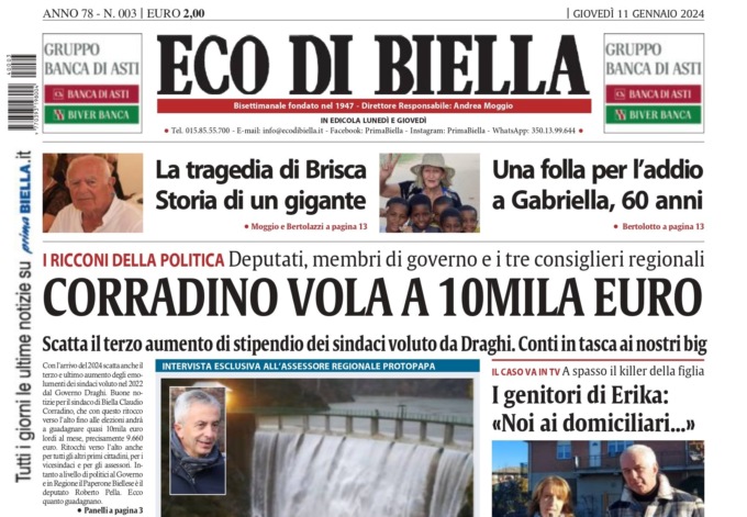 “Corradino vola a 10 mila euro”: la prima pagina di Eco di Biella in edicola oggi