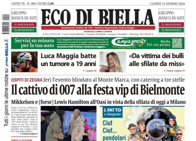 “Il cattivo di 007 alla festa vip di Bielmonte”: la prima pagina di Eco di Biella in edicola oggi