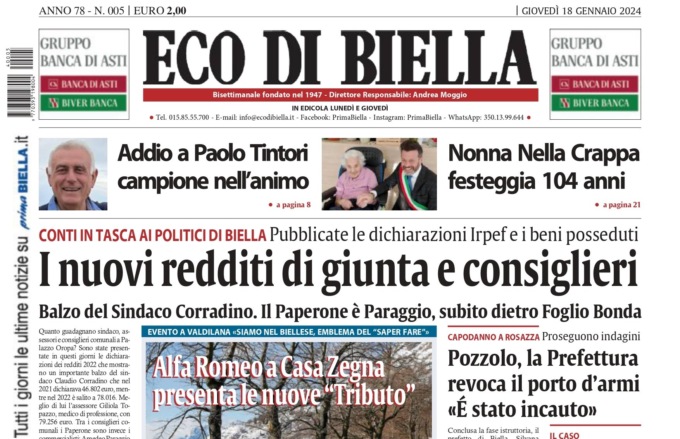 “Biella, i nuovi redditi di giunta e consiglieri”: la prima pagina di Eco di Biella in edicola oggi