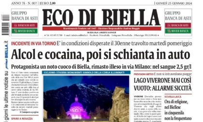 "Alcol e cocaina, poi si schianta in auto": la prima pagina di Eco di Biella in edicola oggi
