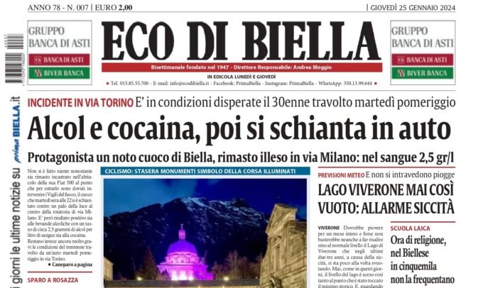 “Alcol e cocaina, poi si schianta in auto”: la prima pagina di Eco di Biella in edicola oggi