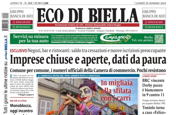 “Imprese chiuse e aperte, dati da paura”: la prima pagina di Eco di Biella in edicola oggi